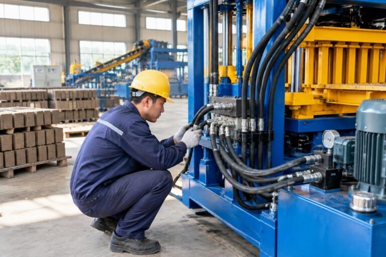 Technician checking hydraulic hose connections on a compressed earth block machine during assembly
