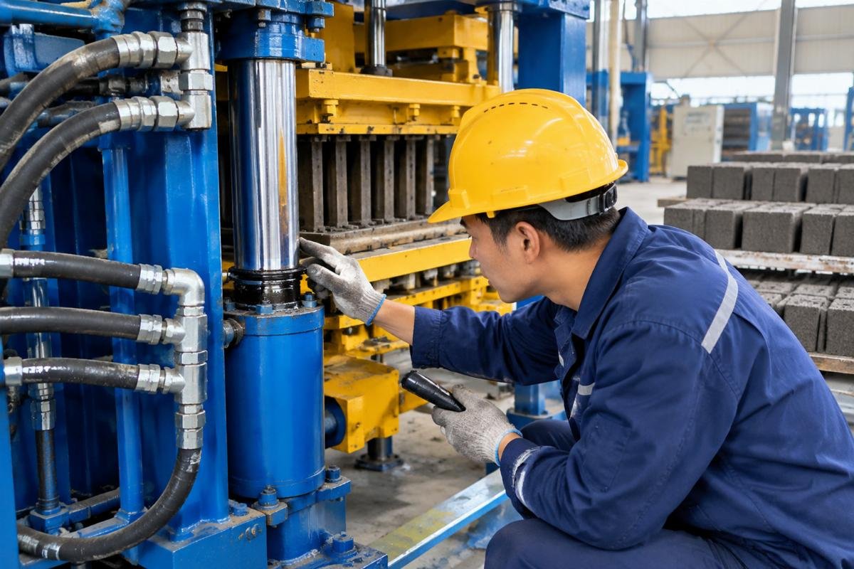 Technician inspecting hydraulic cylinder seals and checking for oil leakage on a block machine