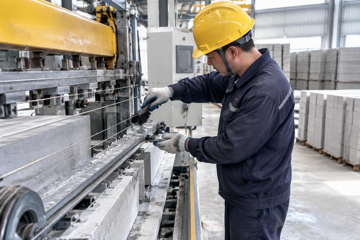 Technician performing tension check and residue removal on AAC cutting wires