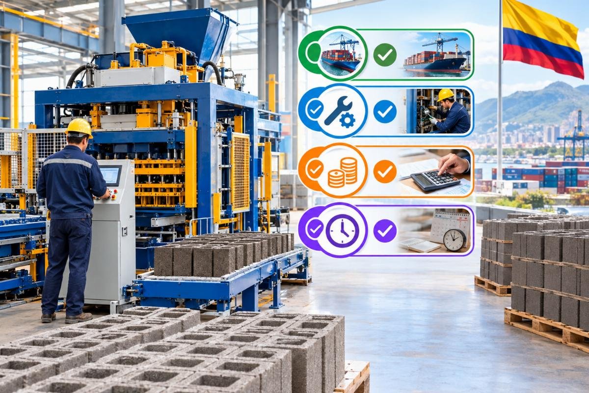 Checklist graphic showing four hidden cost categories for Colombian block machine importers