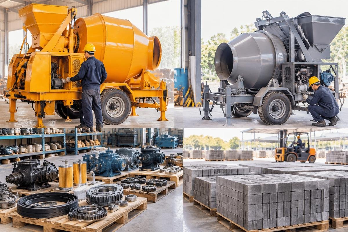 Comparison chart showing downtime risks and spare parts availability for branded vs OEM concrete mixers in emerging markets
