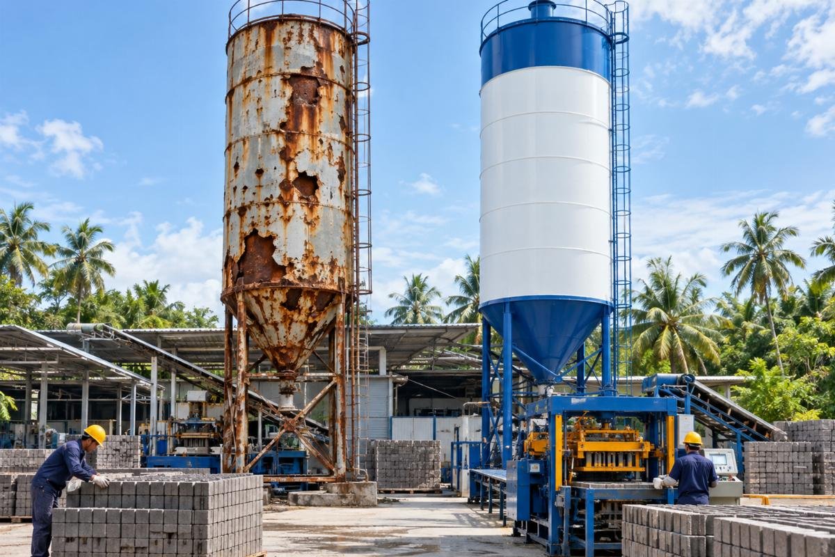 Image showing corrosion damage on a poorly coated silo in a tropical setting compared to a well-protected one